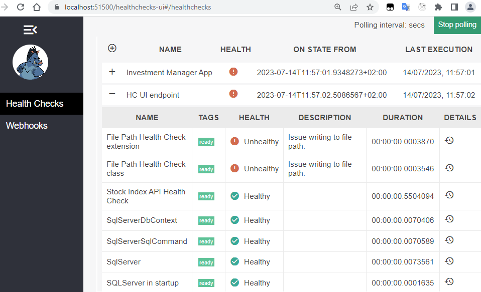 Health check results with Unhealthy status